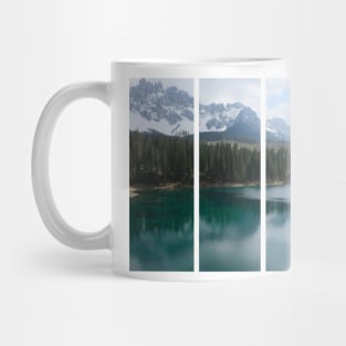 The fabulous alpine lake of Carezza in the Dolomites (Bolzano). Lovely place in the Italian Alps. Reflections in the water. View from the shore. Sunny spring day. Trentino Alto Adige Mug